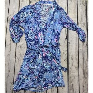 Lilly Pulitzer Blue Pink Short Wrap Around Robe Lightweight Long Sleeve XXS/XS